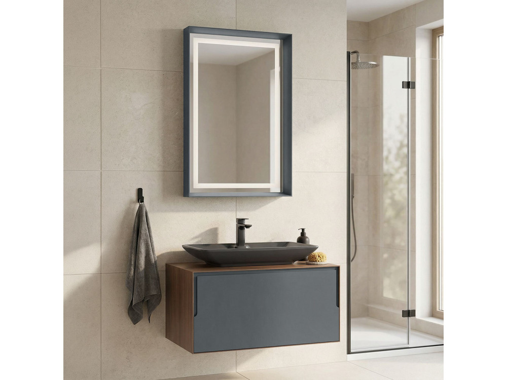 Conjunto de mueble con lavabo y espejo (2 piezas) «Craft 80» - 60 x 50 x 40 cm - Nogal / Antracita