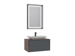 Conjunto de mueble con lavabo y espejo (2 piezas) «Craft 80» - 60 x 50 x 40 cm - Nogal / Antracita / Blanco