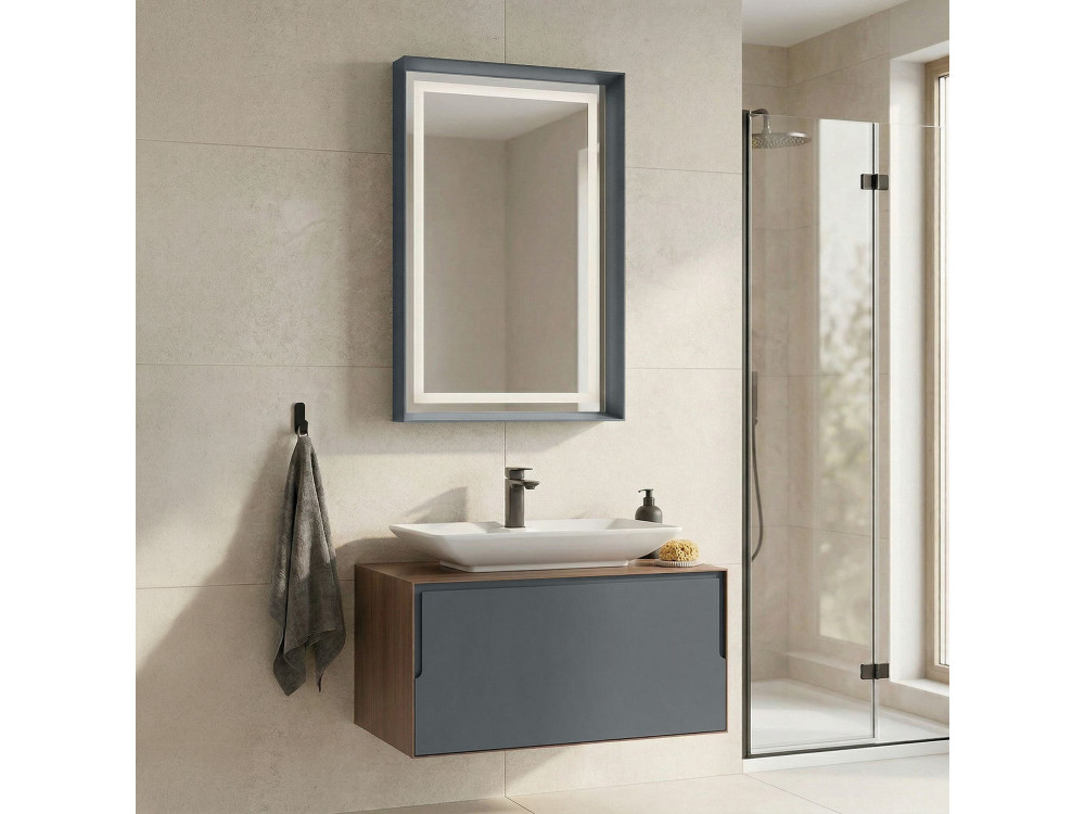 Conjunto de mueble con lavabo y espejo (2 piezas) «Craft 80» - 60 x 50 x 40 cm - Nogal / Antracita / Blanco