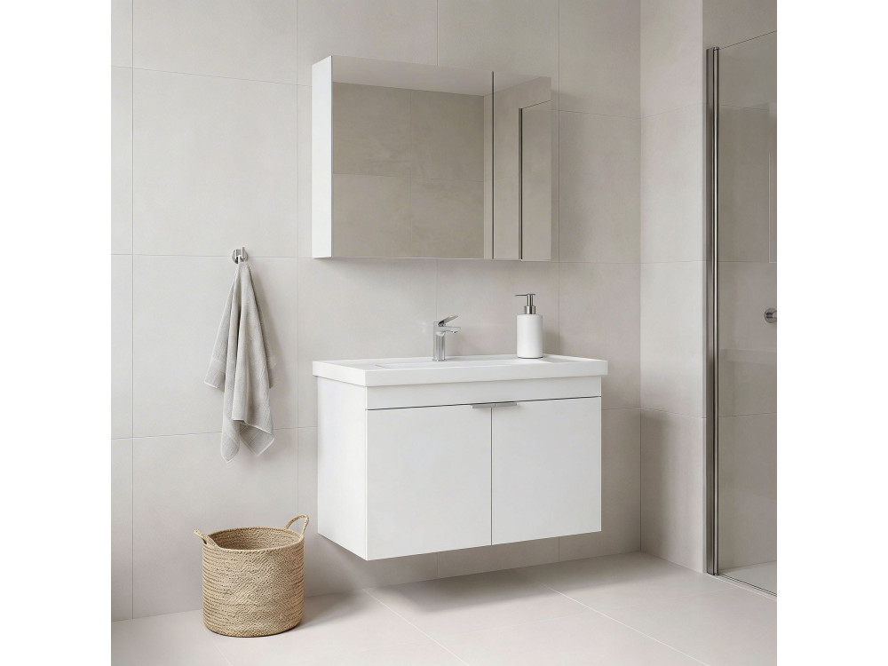 Conjunto de mueble con lavabo y espejo (2 piezas) «Desna 80» - 80 x 45 x 58 cm - Blanco mate