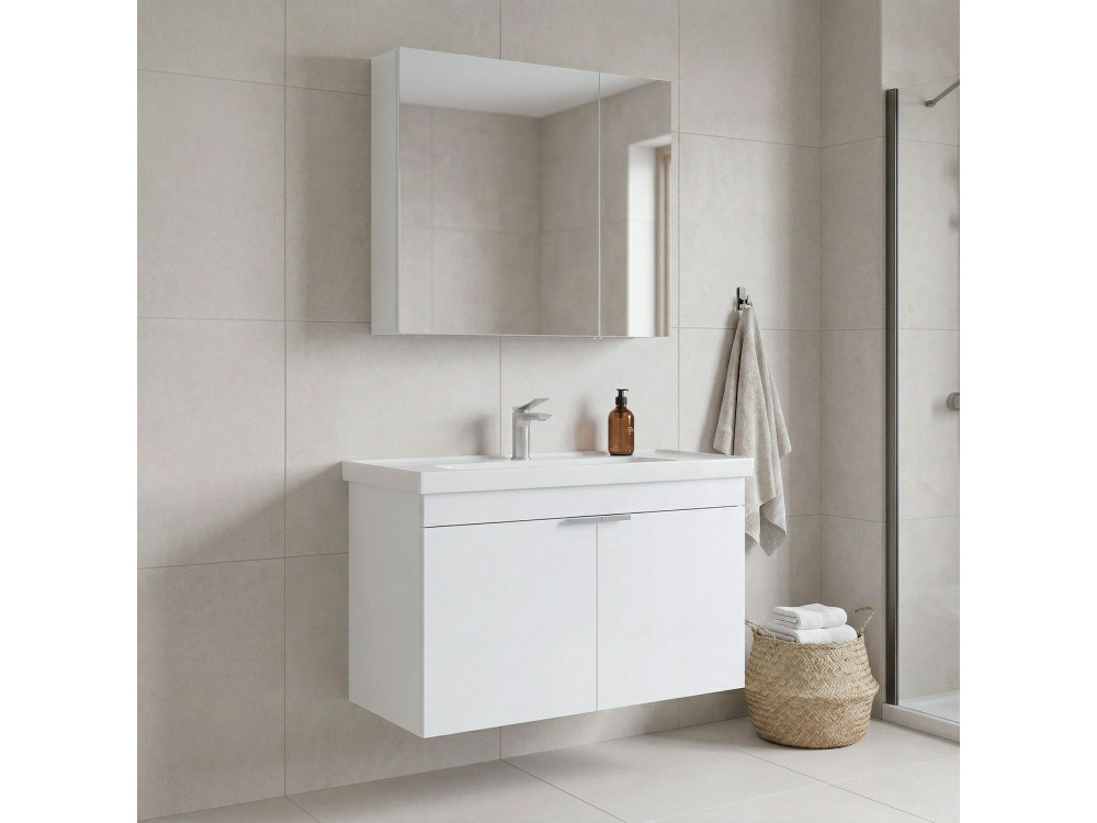 Conjunto de mueble con lavabo y espejo (2 piezas) «Desna 90» - 90 x 45 x 58 cm - Blanco mate