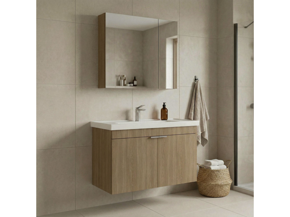 Conjunto de mueble con lavabo y espejo (2 piezas) «Desna 90» - 90 x 45 x 58 cm - Roble