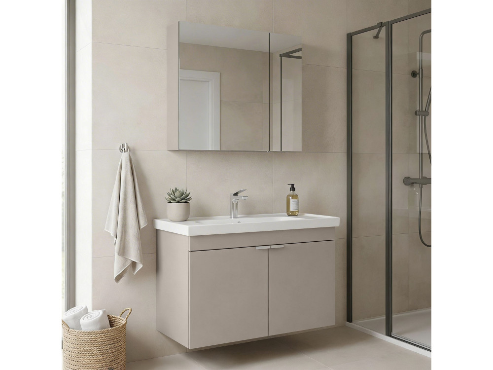 Conjunto de mueble con lavabo y espejo (2 piezas) «Desna 90» - 90 x 45 x 58 cm - Arena