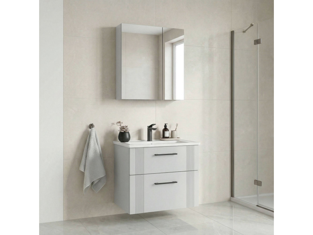 Conjunto de mueble con lavabo y espejo (2 piezas) «Bari 65 v2» - 65 x 45 x 55 cm - Blanco mate