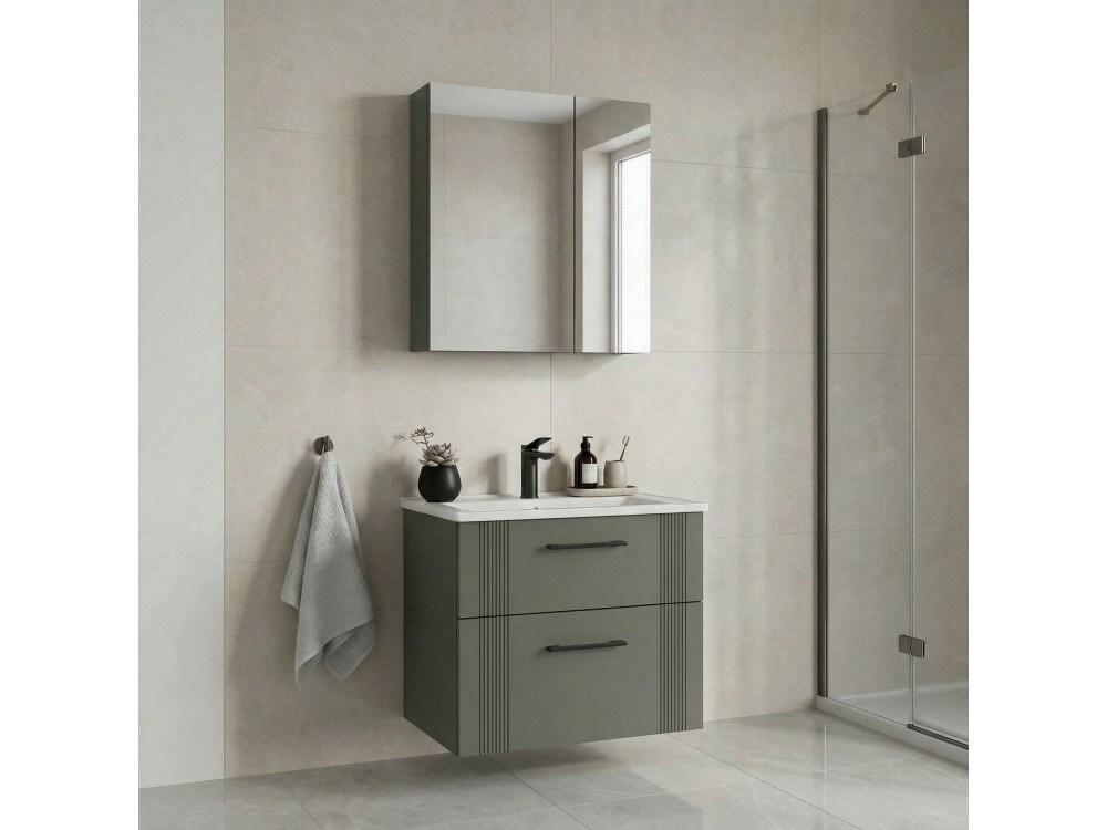 Conjunto de mueble con lavabo y espejo (2 piezas) «Bari 65 v2» - 65 x 45 x 55 cm - Verde mate