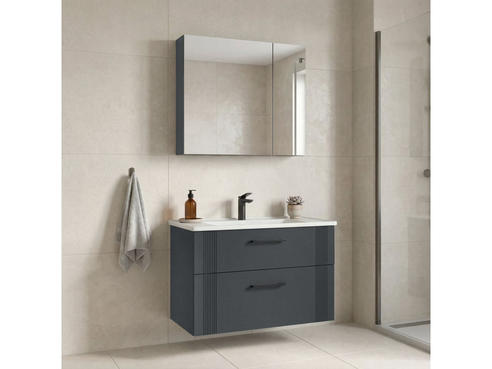 Conjunto de mueble con lavabo y espejo (2 piezas) «Bari 85 v2» - 85 x 45 x 55 cm - Antracita mate