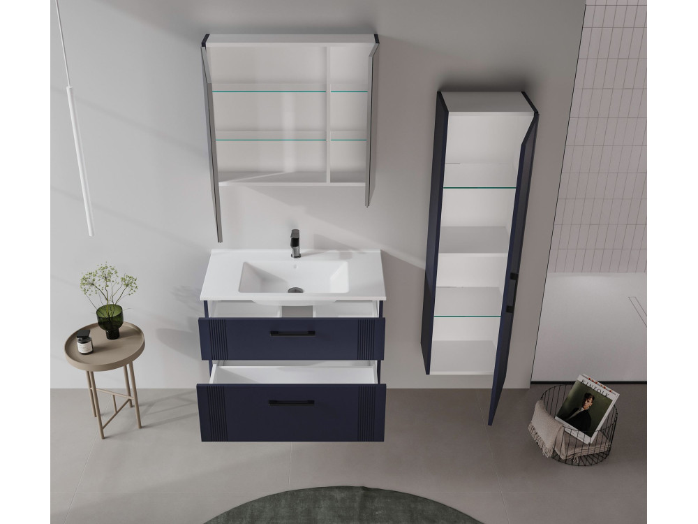 Conjunto de mueble con lavabo y espejo (2 piezas) «Bari 85 v2» - 85 x 45 x 55 cm - Azul marino mate