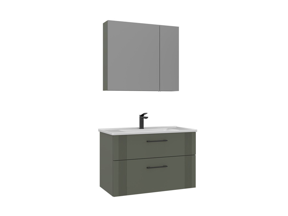 Conjunto de mueble con lavabo y espejo (2 piezas) «Bari 85 v2» - 85 x 45 x 55 cm - Verde mate
