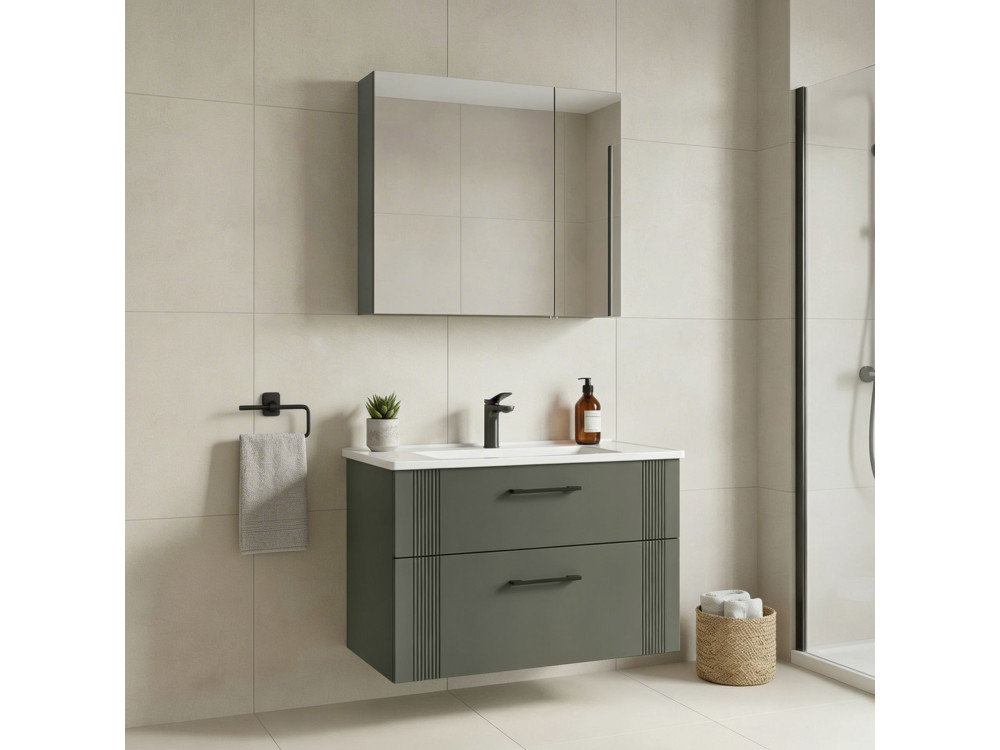 Conjunto de mueble con lavabo y espejo (2 piezas) «Bari 85 v2» - 85 x 45 x 55 cm - Verde mate