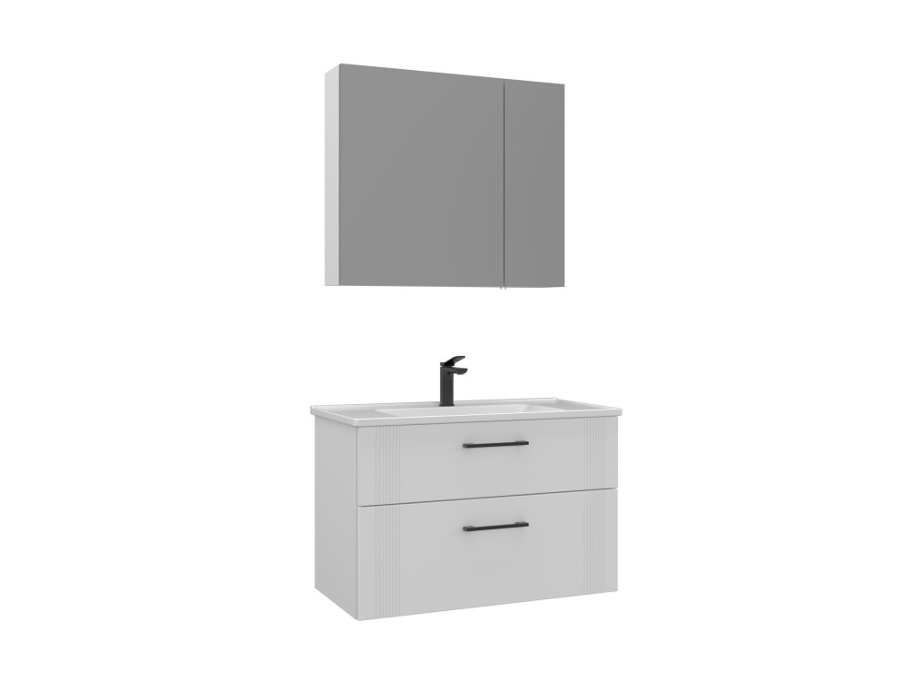 Conjunto de mueble con lavabo y espejo (2 piezas) «Bari 85 v2» - 85 x 45 x 55 cm - Blanco mate
