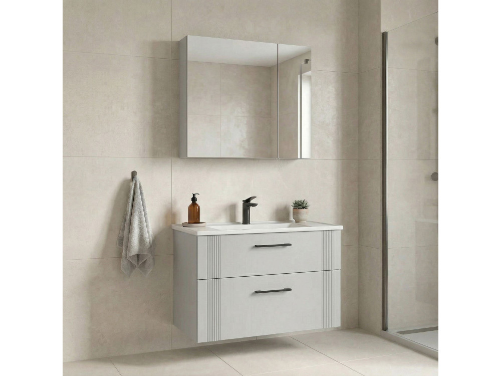 Conjunto de mueble con lavabo y espejo (2 piezas) «Bari 85 v2» - 85 x 45 x 55 cm - Blanco mate