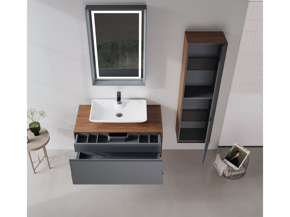 Conjunto de mueble con lavabo y espejo (2 piezas) «Craft 100» - 100 x 50 x 40 cm - Nogal / Antracita / Blanco