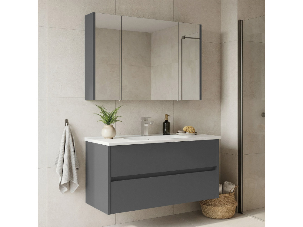 Conjunto de mueble con lavabo y espejo (2 piezas) «Arno 100» - 100 x 45 x 52 cm - Gris