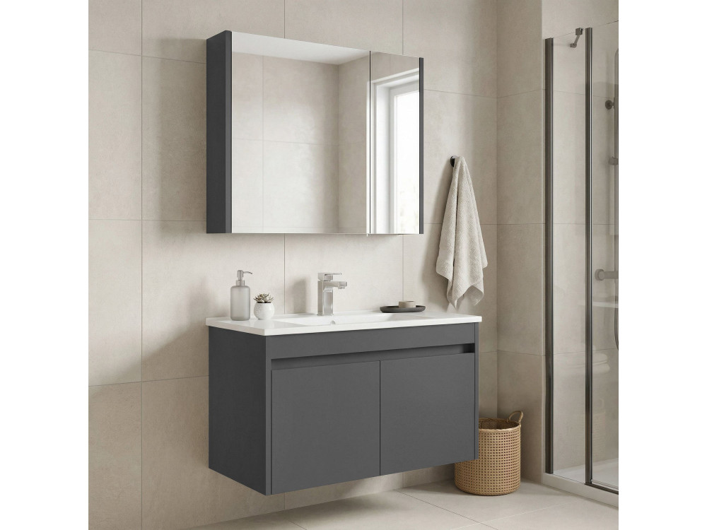 Conjunto de mueble con lavabo y espejo (2 piezas) «Arno 85» - 85 x 45 x 52 cm - Gris