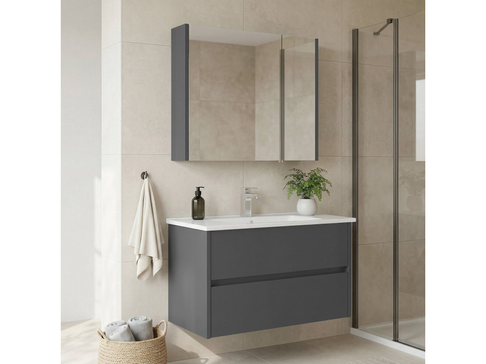 Conjunto de mueble con lavabo y espejo (2 piezas) «Arno 85» - 85 x 45 x 52 cm - Gris