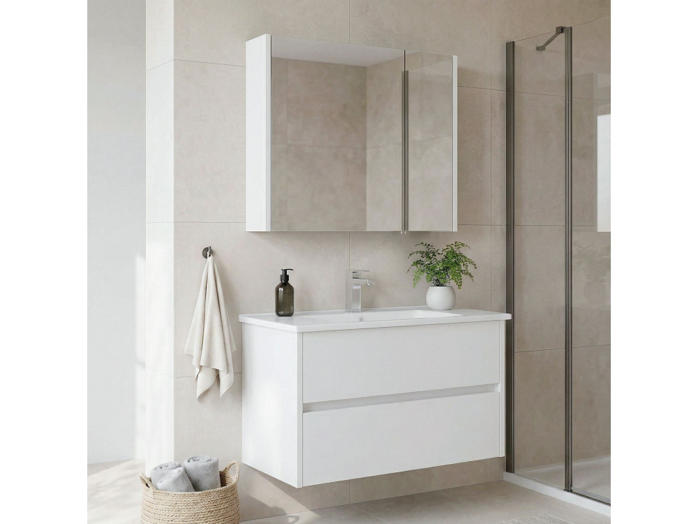 Conjunto de mueble con lavabo y espejo (2 piezas) «Arno 85» - 85 x 45 x 52 cm - Blanco