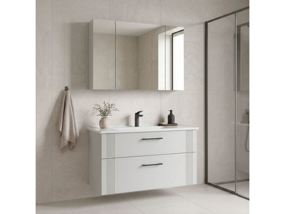 Conjunto de mueble con lavabo y espejo (2 piezas) «Bari 100 v2» - 100 x 45 x 55 cm - Blanco mate