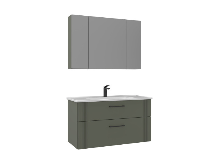 Conjunto de mueble con lavabo y espejo (2 piezas) «Bari 100 v2» - 100 x 45 x 55 cm - Verde mate