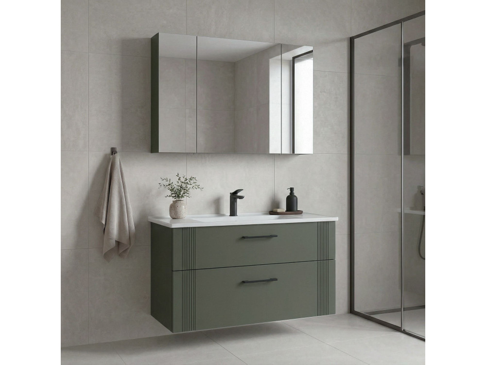 Conjunto de mueble con lavabo y espejo (2 piezas) «Bari 100 v2» - 100 x 45 x 55 cm - Verde mate