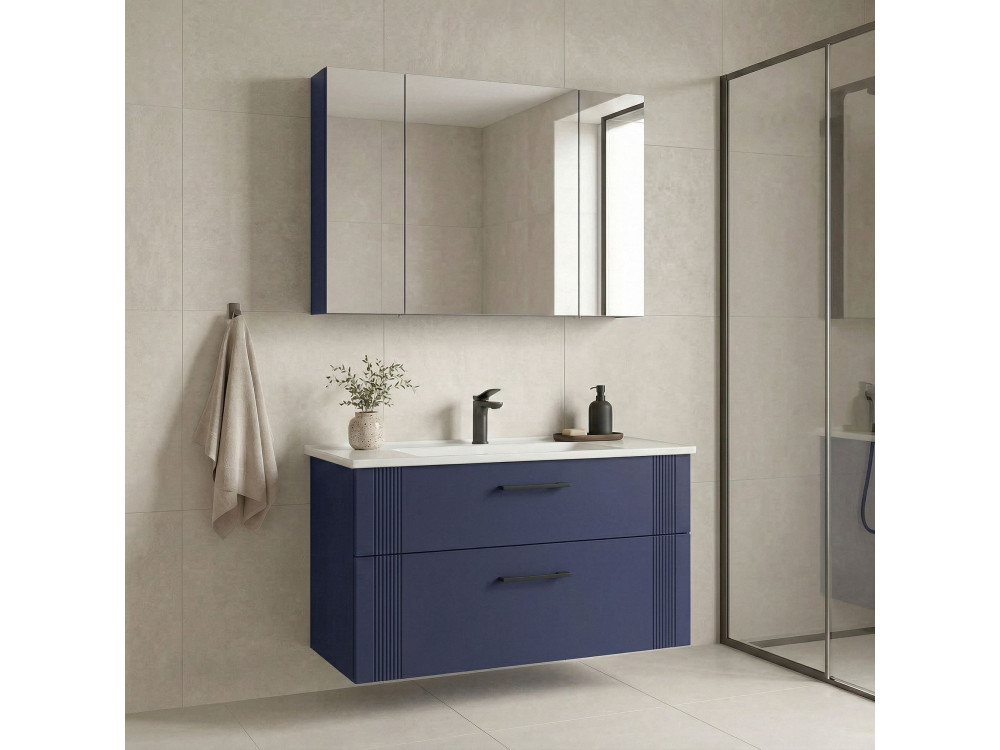 Conjunto de mueble con lavabo y espejo (2 piezas) «Bari 100 v2» - 100 x 45 x 55 cm - Azul marino mate