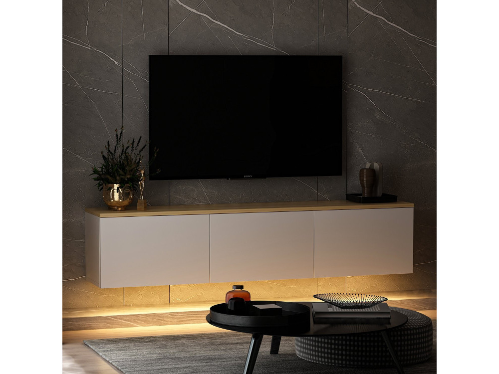 Mueble TV suspendido de madera "Neon" con iluminación LED - 160 x 32 x 35 cm - Blanco