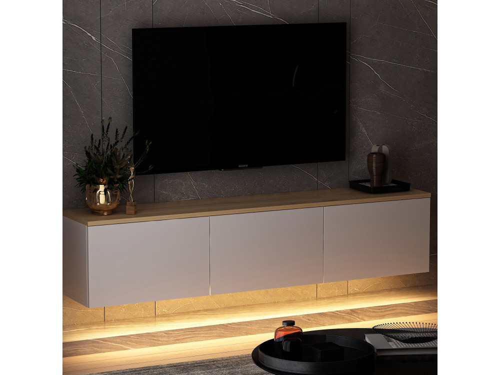 Mueble TV suspendido de madera "Neon" con iluminación LED - 160 x 32 x 35 cm - Blanco