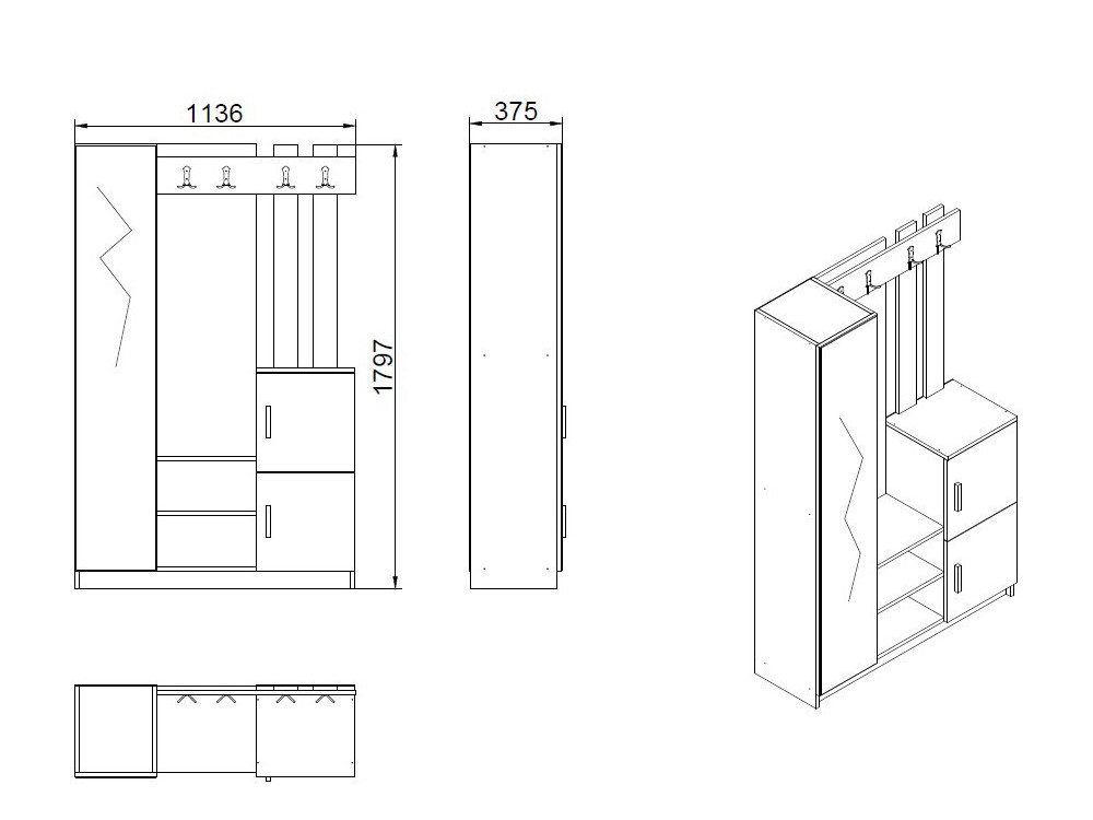 Mueble recibidor de madera "DD7" - 113 x 37 x 179 cm - Blanco