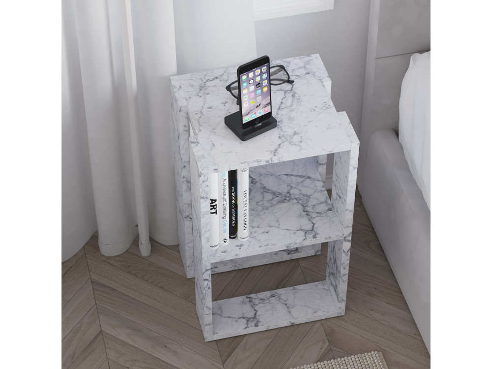 Mesilla de noche de madera "Lonie" 30 x 30 x 55 cm - mármol de Carrara