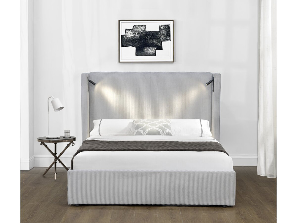 Cama doble de pana con cómoda integrada y lámpara "Cortina" - 160 x 200 cm - Gris