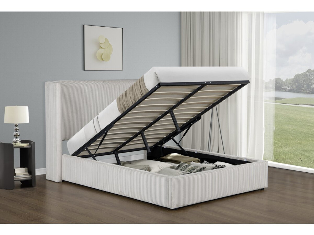 Cama doble de pana con cómoda integrada y lámpara "Cortina" - 140 x 190 cm - Beige