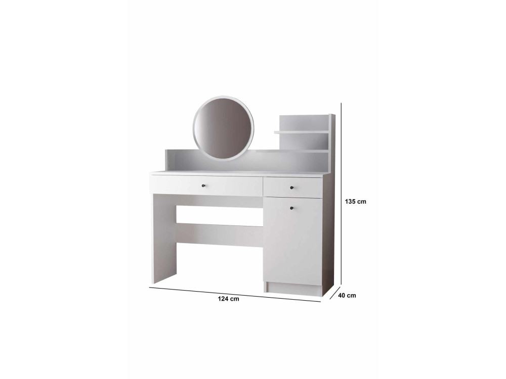 Tocador "Harmony Round" con espejo redondo de madera - 124 x 40 x 135 cm - Blanco