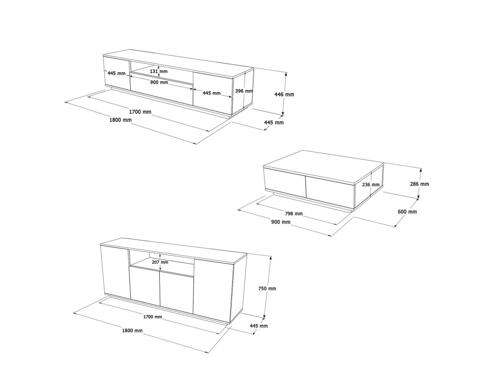 Conjunto de muebles de salón de madera "FR18" - 180 x 44 x 44 cm - Blanco