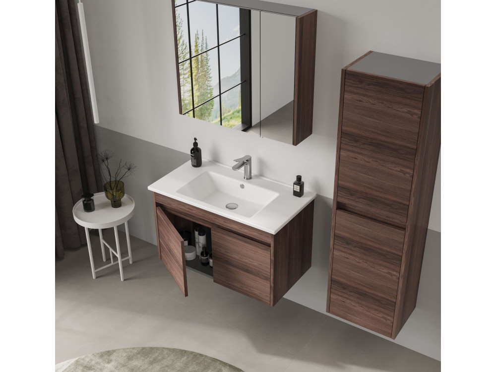 Mueble de baño con espejo «Side 80» - 79 x 16 x 66 cm - Nogal oscuro