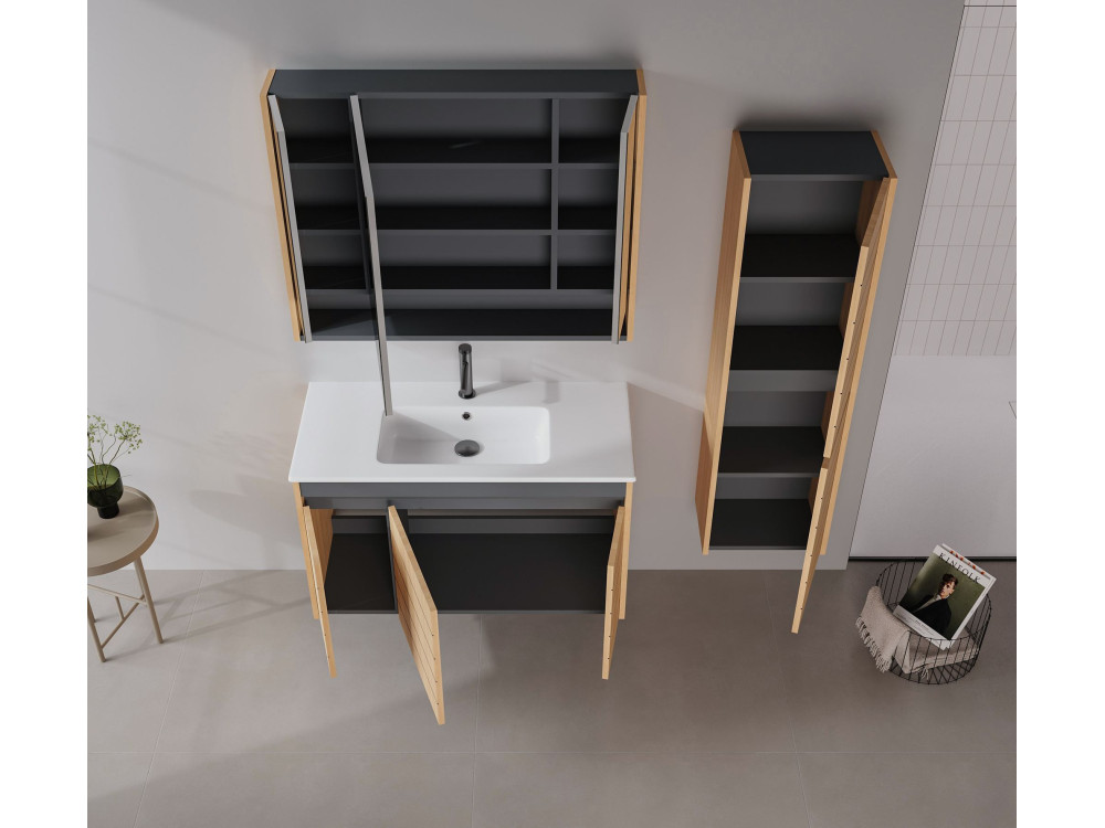 Conjunto de mueble con lavabo y espejo (2 piezas) «Ricato 100» -  cm - Roble