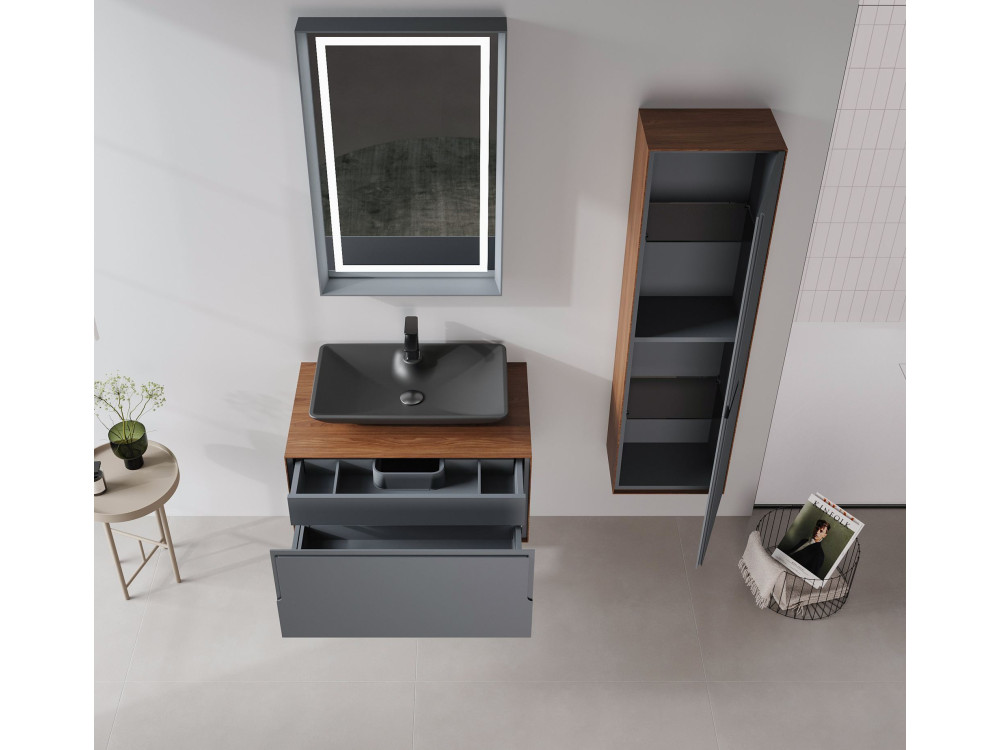 Conjunto de mueble con lavabo y espejo (2 piezas) «Craft 80» - 60 x 50 x 40 cm - Nogal / Antracita
