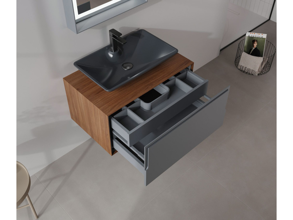 Conjunto de mueble con lavabo y espejo (2 piezas) «Craft 80» - 60 x 50 x 40 cm - Nogal / Antracita