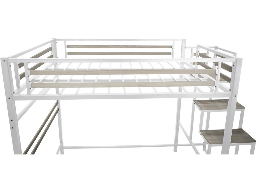 Cama alta de metal con escalera "LENA" - 140 x 200 cm - Blanco