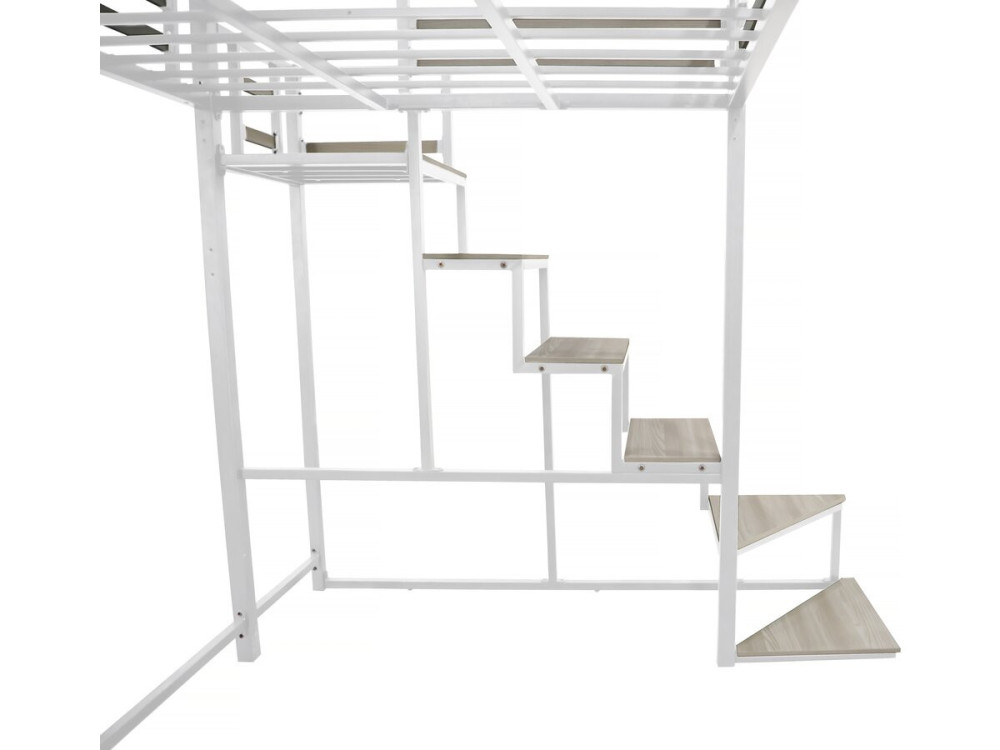 Cama alta de metal con escalera "LENA" - 140 x 200 cm - Blanco