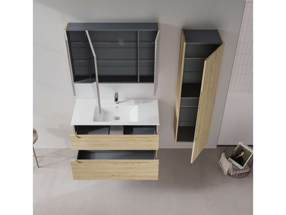 Conjunto de mueble con lavabo y espejo (2 piezas) «Messina 100 v2» - 100 x 45 x 55 cm - Roble
