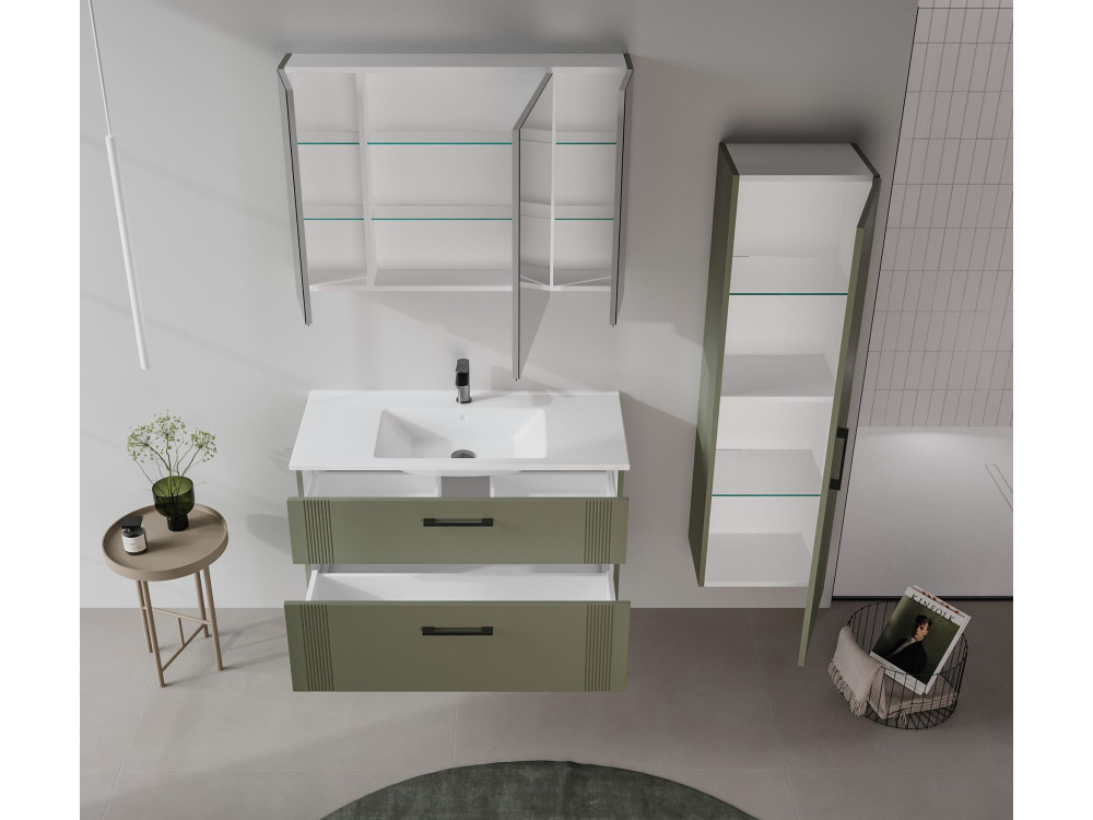 Conjunto de mueble con lavabo y espejo (2 piezas) «Bari 100 v2» - 100 x 45 x 55 cm - Verde mate