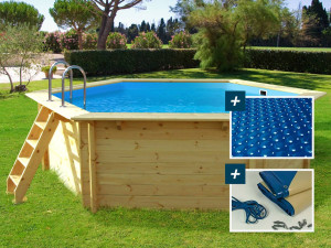 Piscina de madera "Hawai" - 4,10 x 1,20 m + cubierta con burbujas 180 + cubierta de invierno 280 gr/m²
