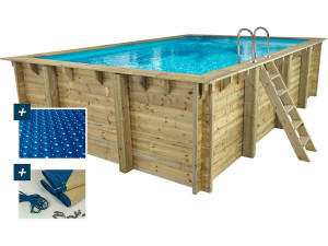 Piscina rectangular de madera "Panama 130" - 6,20 x 4,10 x 1,30 m + cubierta de burbujas de 180 µ - cubierta de invierno de 280 