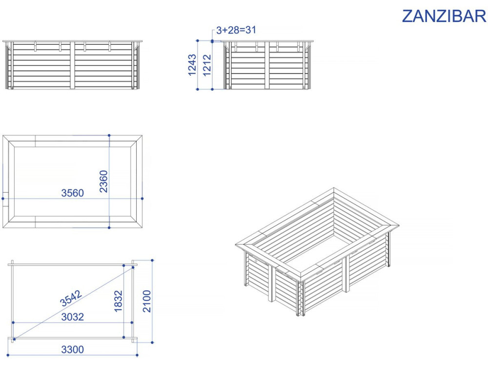 Piscina rectangular de madera "Zanzíbar" - 3,50 x 2,30 x 1,24 m
