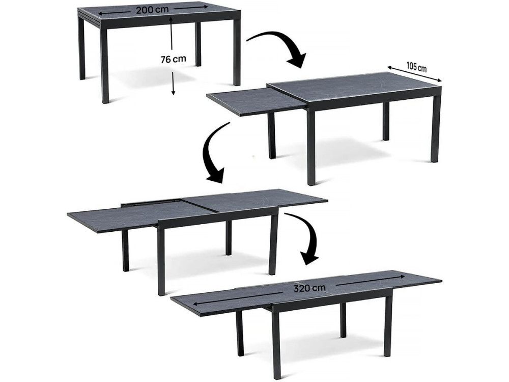 Mesa de jardín extensible de aluminio "Lagos" - 200/320 x 105 x 76 cm - Negra