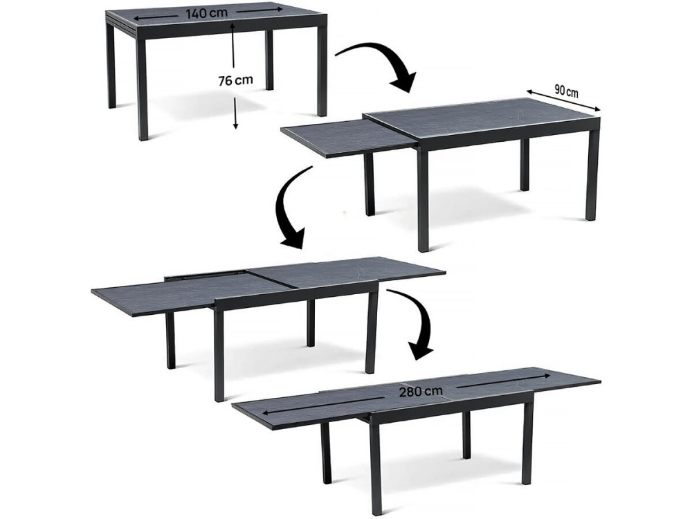 Mesa de jardín de aluminio extensible "Lagos" - 140/280 x 90 x 76 cm - Negro