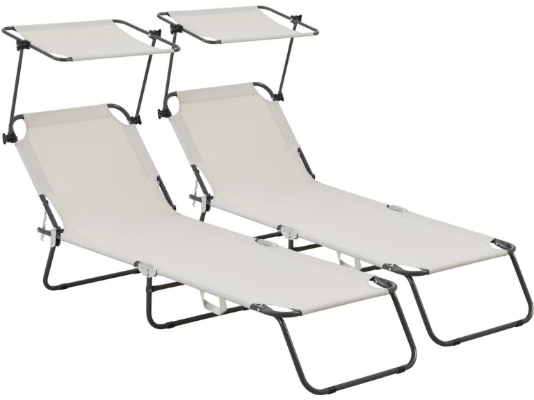 Conjunto de 2 tumbonas plegables "Lazy" - Con sombrilla - Beige