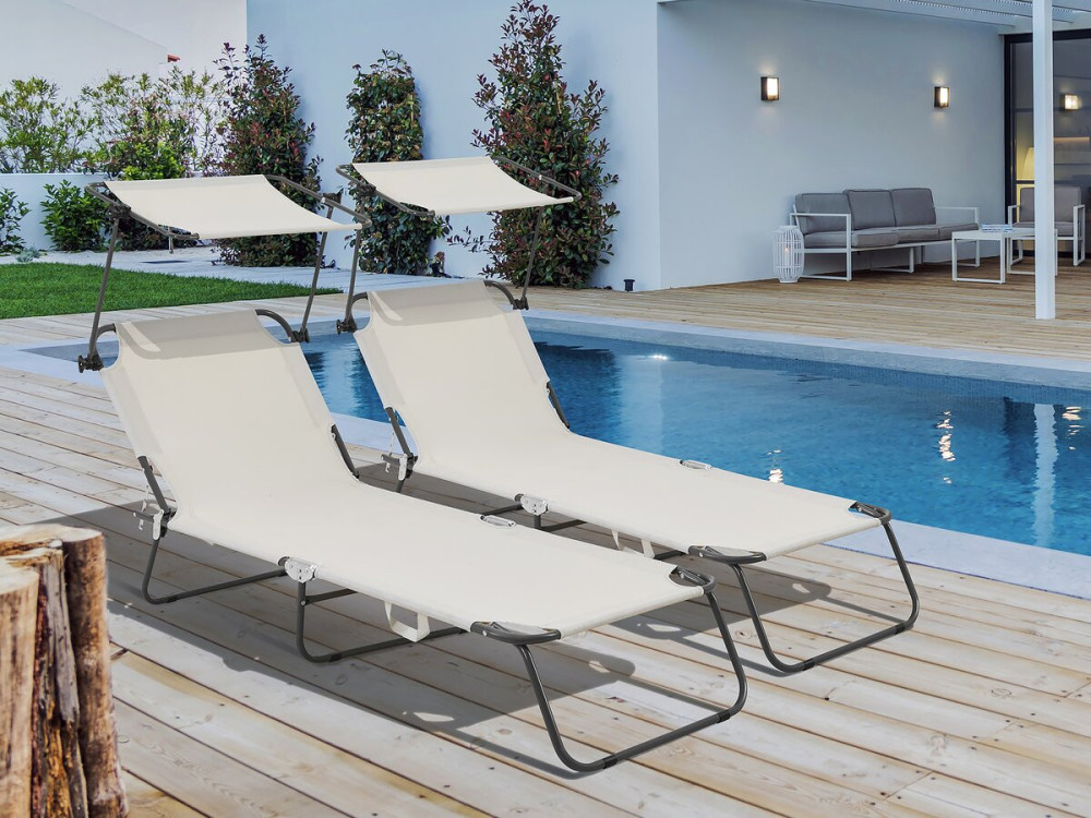 Conjunto de 2 tumbonas plegables "Lazy" - Con sombrilla - Beige