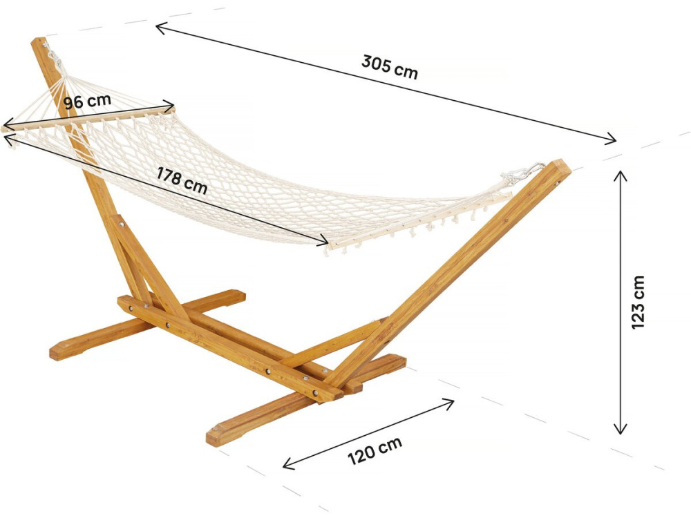 Hamaca de madera con tejido de macramé "Dallas" - 305 x 120 x 123 cm - Blanco