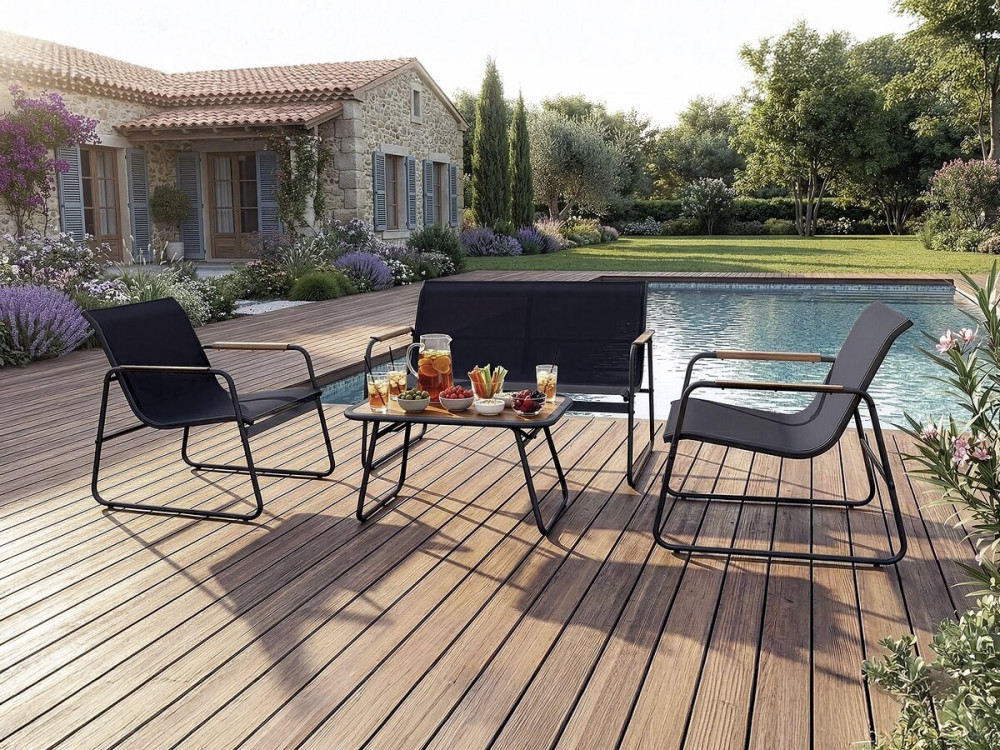 Conjunto de muebles de jardín de metal "Sparta" con decoración de imitación madera - 4 plazas - Negro