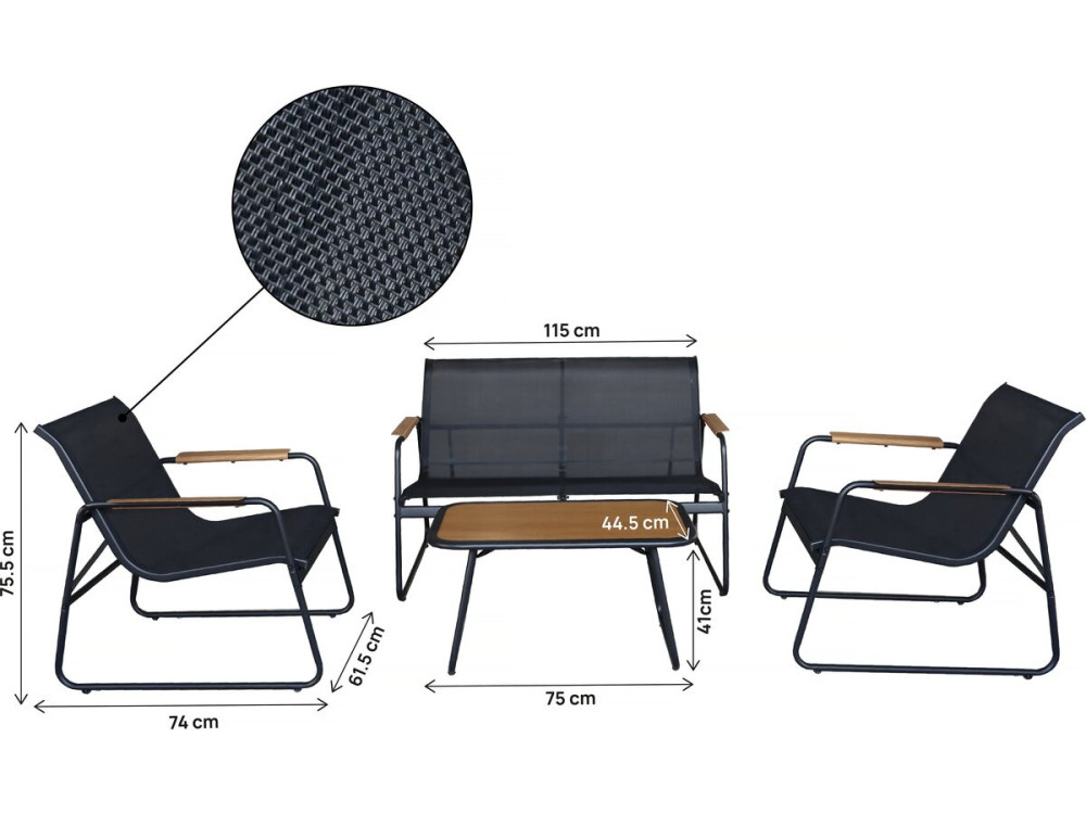 Conjunto de muebles de jardín de metal "Sparta" con decoración de imitación madera - 4 plazas - Negro